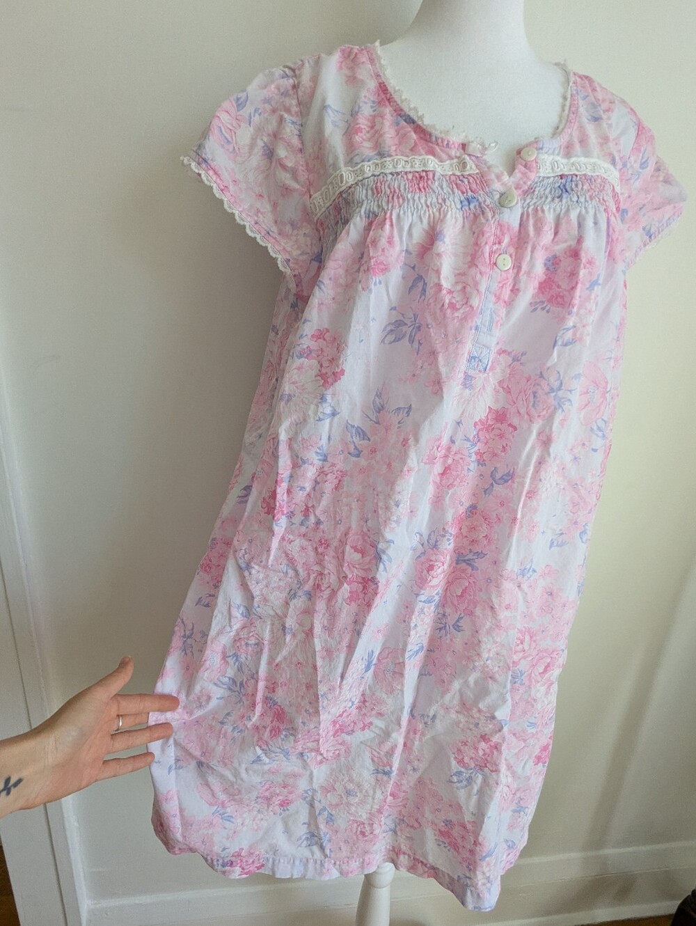 Vintage Pink & Purple Floral Smocked Short Babydoll Nightgown W/ Lace Trim M